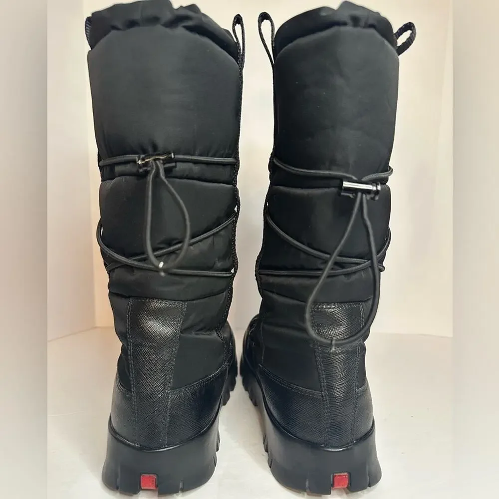 Prada Linea Rossa Saffiano Snow Boots Black EU 37.5 Nylon Mid-Calf Bungee Wrap